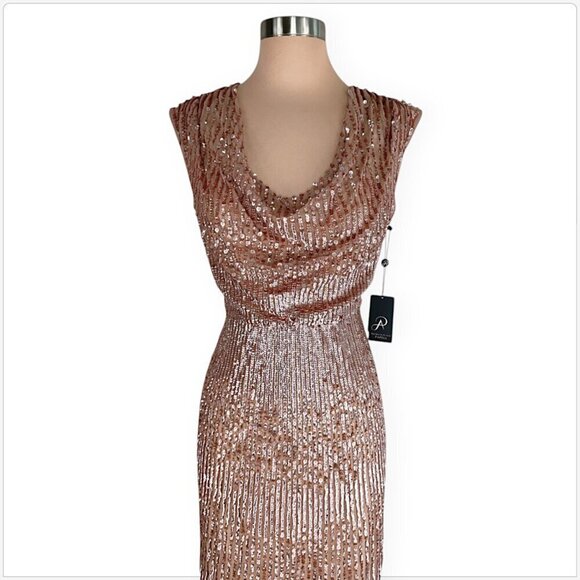 Adrianna Papell Rose Gold Cowl Neck Beaded Sequin Column Gown Dress NWT NEW 4 - Picture 5 of 7
